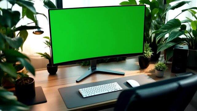 Green Screen Computer Monitor in Plant-Filled Home Office Workspace - Perfect for Content Creators
