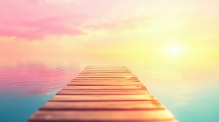 Fototapeta premium Wooden dock surrounded by reflective waters at sunrise, tranquil outdoor setting with soft natural lighting and warm sky tones