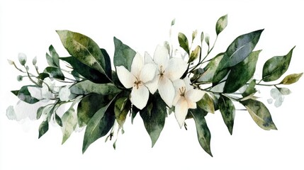 Obraz premium Watercolor floral arrangement with white flowers and green leaves