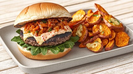 Culinary  fusion cuisine food, Juicy Grilled Burger Topped With Caramelized Onions And Melted Cheese