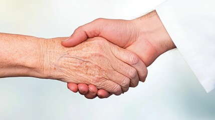 Fototapeta premium Young nurse holding hands with an elderly woman in a softly lit room, supportive and caring connection, calm and nurturing atmosphere