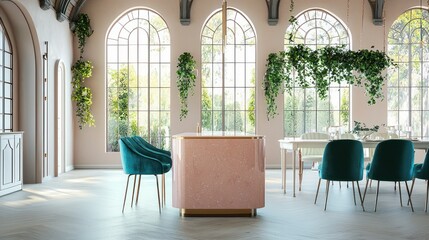 A picture of an open-concept kitchen with a rose quartz island