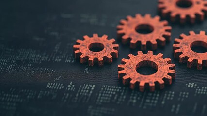 Rust Programming Language Concept Featuring Arrangement of Red Gears on Dark Background Symbolizing Technology and Software Development Innovation with Gritty Industrial Aesthetic - Powered by Adobe