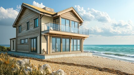 A rustic beach house with natural cedar wood cladding and soft beige walls