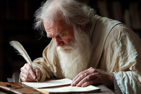 Elderly man with a long white beard writing with a quill , dressed in loose, light coloured garments, seated against a black wall, depicting apostle, messenger, wise man, St Paul