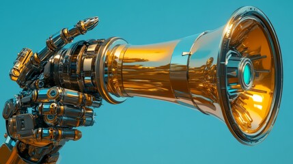 A futuristic gold and chrome megaphone in a sleek robotic hand, soft blue gradient backdrop