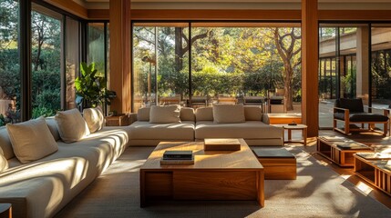 Fototapeta premium Living room with sleek sofas, wooden tables, and warm sunlight. It's comfy and stylish. [bffee01e-aee1-4132-9cde-988d25c97827] --ar 16:9 --v 6.1 Job ID: 0d96dcab-5884-48eb-a592-980b4ae2a151