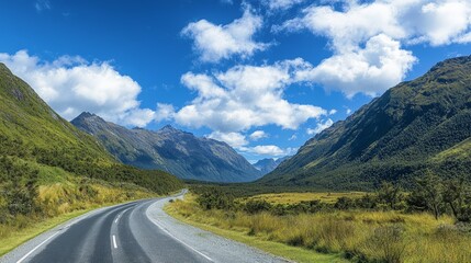 Fototapeta premium Picturesque landscape: a winding road cuts through a lush green mountain range, while fluffy clouds dot the bright blue sky above.