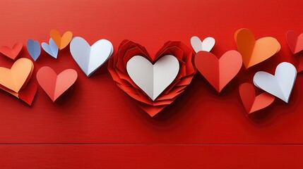 A vibrant display of paper hearts in various colors, symbolizing love, affection, and celebration, perfect for Valentine's Day or romantic occasions.