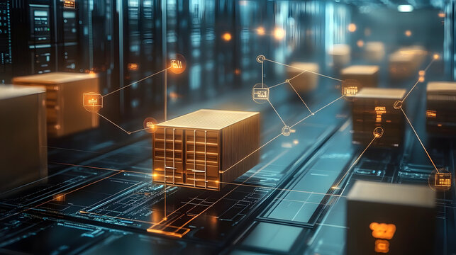 Cargo being tracked via blockchain technology, decentralized logistics, secure freight systems