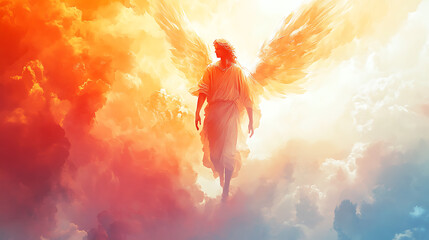 A glowing angel bathed in soft heavenly light, appearing in a dream to Saint Joseph, ethereal surroundings enhancing the divine presence