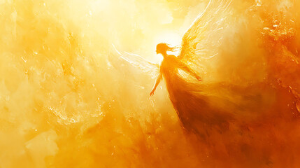 A glowing angel descending gracefully within a single beam of divine light, ethereal and tranquil, soft golden huesDigital Watercolor painting
