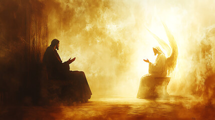 A glowing angel gently gesturing to a seated Saint Joseph in a modest room, warm divine illumination enhancing the sacred momentDigital Watercolor painting