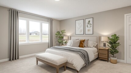Modern bedroom, neutral decor, country view, staged home, real estate