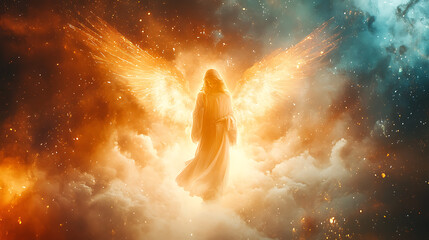 A glowing angel surrounded by soft celestial light, appearing in Saint Joseph’s dream, serene and mystical atmosphereDigital Watercolor painting