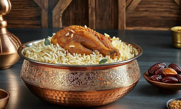 traditional chicken dum biryani in a copper serving bowl