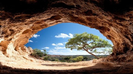Cave opening reveals tree, blue sky, outback landscape; travel, nature