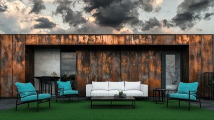 A sleek domicile with a terrace bounded by walls of distressed copper wood