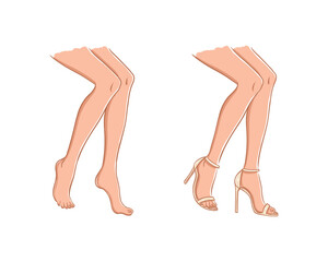 Vector fashion sketch illustration of beautiful, slim female legs, isolated on a white background. High-heeled fashion feet template. Women's legs and feet croquis.