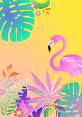 Vertical sunny poster with pink flamingo, tropical jungle plants, monstera and fern leaves for summer party invitation, social media design.eps
