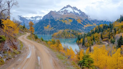 Naklejka premium Winding mountain road, autumn lake, scenic drive, fall foliage