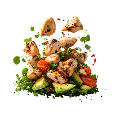 Flying Chunks of Grilled Chicken Above Salad Isolated on Transparent Background