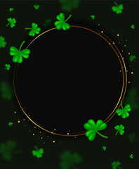 Vector illustration Happy St Patricks day card background with green clovers and round golden banner