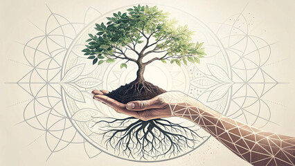 Hand holding a tree with roots, against geometric pattern background