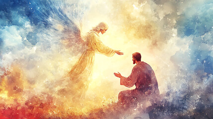 Naklejka premium A luminous angel descending from the heavens, reaching out to a kneeling Saint Joseph in a serene outdoor setting, glowing divine lightDigital Watercolor painting