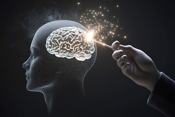 Obraz premium Modern 3D illustration of a hand with a digital wand casting enhancement spells on a heada??s brain, magically boosting mental power.