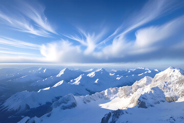 Fototapeta premium Beautiful alpine landscape with snowy mountains and blue sky with clouds. AI Generative