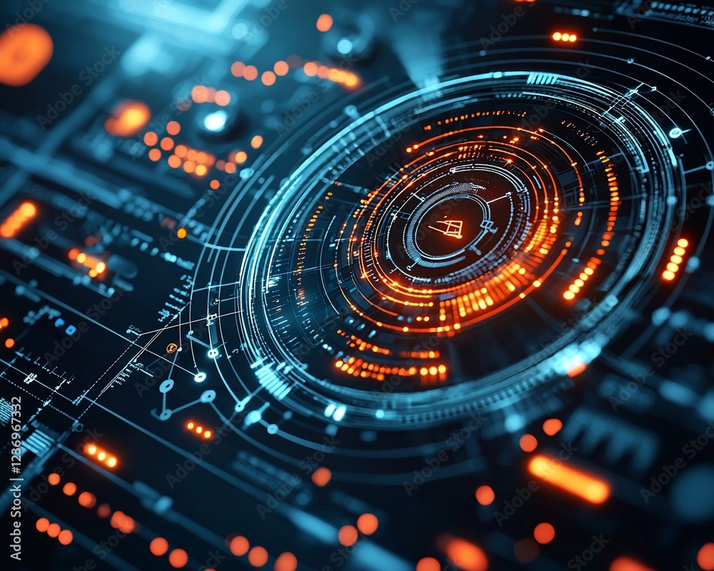 Poster Abstract futuristic technology interface with glowing circular HUD.