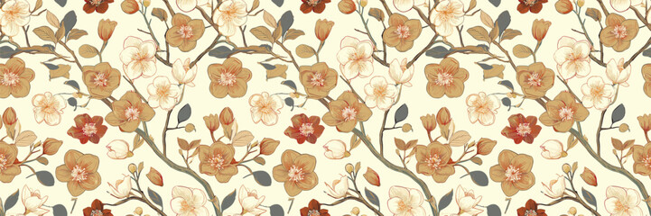 a seamless floral pattern on a white background. It features delicate branches adorned with pink and white flowers, interspersed with green leaves and buds. The flowers resemble cherry blossoms or mag