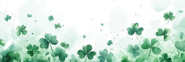 St. patrick's day celebration with watercolor shamrocks in green design for cards and posters. Horizontal banner. Copy space. Watercolor illustration