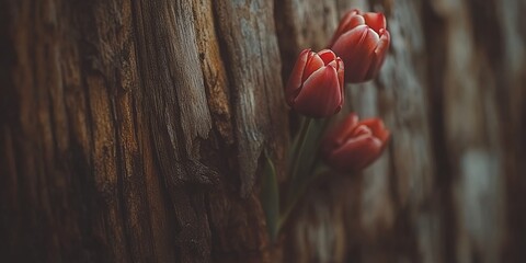 Three Red Tulips Nestled in Rustic Wooden Texture Background
