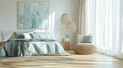 Serene modern bedroom with natural decor and soft pastel tones in sunlight