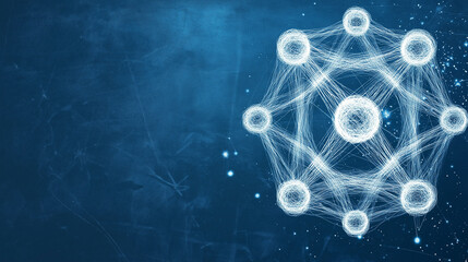Obraz premium Interconnectedness: An abstract, ethereal image on a deep blue background, showcasing a network of interconnected white nodes, symbolizing the power and beauty of interconnected systems. 