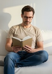 Mature Man Relaxing on Couch While Reading a Book