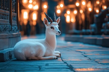 White deer resting, night market, Asian city, warm lights.  Travel blog, website.