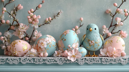 Obraz premium A bird in a nest with pastel Easter eggs decorated in vintage gold and lace.