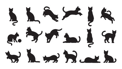 Black cat silhouettes in various poses, isolated on transparent background. Perfect for logos, decals, apparel design.