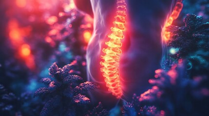 Fototapeta premium Glowing Spine in Enigmatic Forest: A Surreal Digital Art