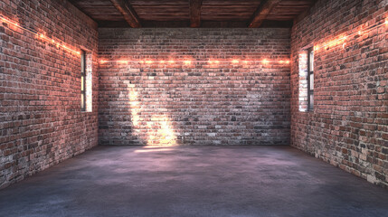 Obraz premium Empty room with brick walls and neon lights 3d render illustration. 3D Illustration