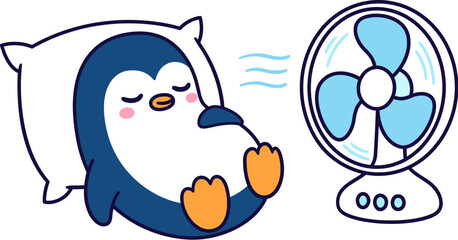Cute cartoon penguin sleeping with electric fan, cooling off in summer heat. Vector clip art illustration. © sudowoodo