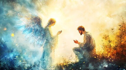 Fototapeta premium A peaceful moment of a radiant angel addressing Saint Joseph, who kneels in confusion yet faith, soft heavenly beams illuminating the scene
