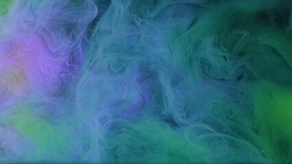 Atmospheric wave. Paint chemistry. Defocused purple green color haze water ink texture cloud vapor sparkle flow on abstract background.