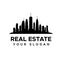 Obraz premium Real Estate logo with city sky line and sky scrapers logo for real estate business.