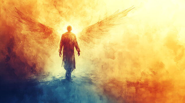 A peaceful scene of an angel with a luminous hand outstretched, reassuring Saint Joseph with divine presence, warm and calming ambianceDigital Watercolor painting