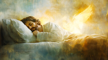 A peaceful scene of Saint Joseph asleep in a humble room with an angel glowing softly nearby, heavenly illumination creating a sacred mood