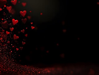 Red hearts scattered on a black background with glittering particles, creating a dramatic and romantic Valentine's Day image.
